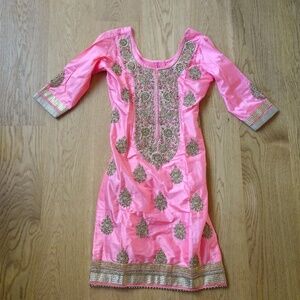 Traditional Indian Kurta Hand Embroidered Bright Pink Tunic Gold Beaded Trim